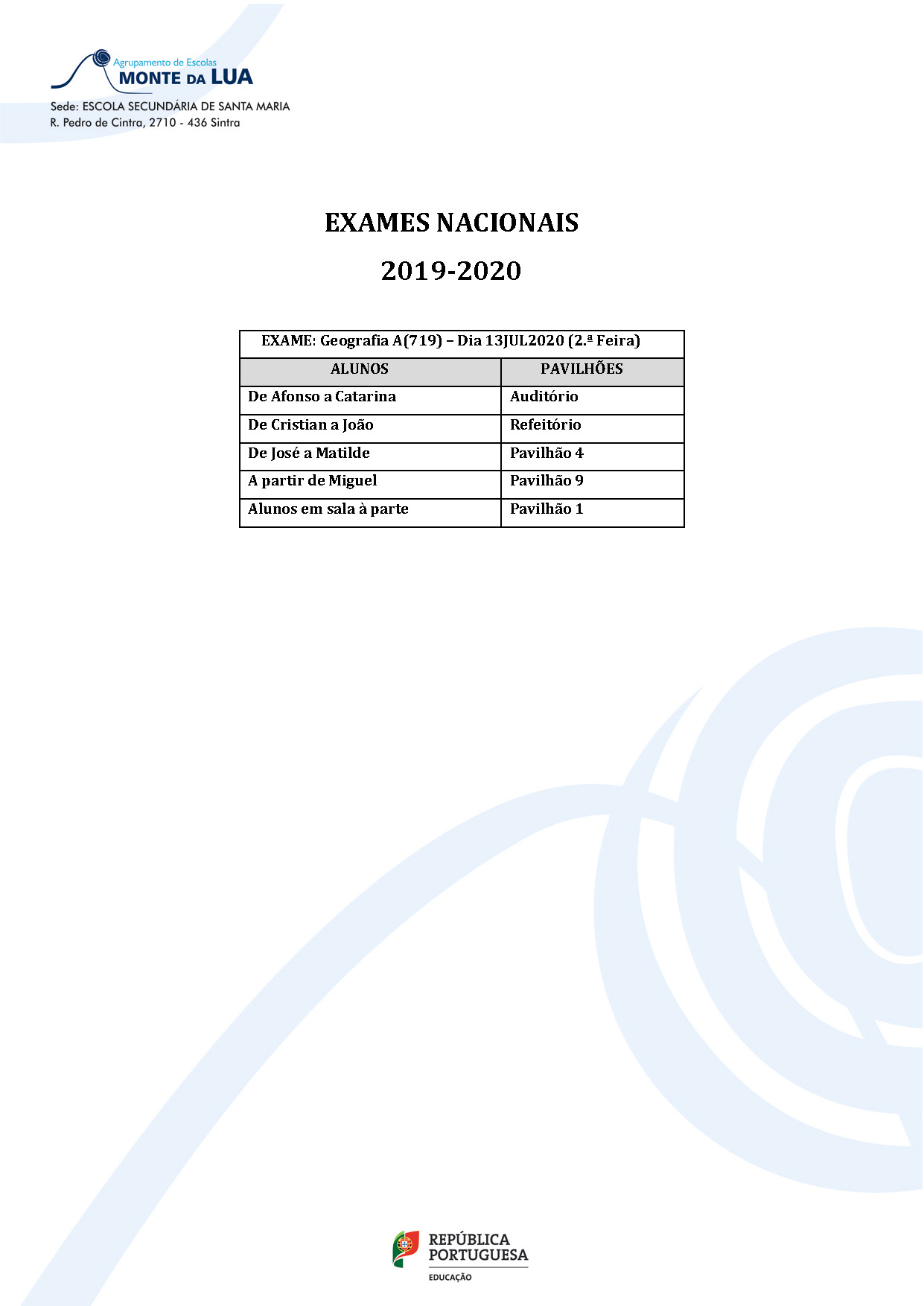 Exames Nacionais Pavilhões 2.ª Feira