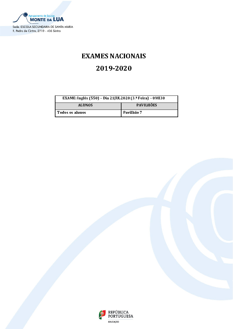 Exames Nacionais Pavilhões 2.ª Feira